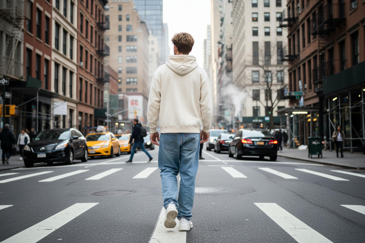 Have him facing away, walking in the opposite direction. Change this setting to a street like something in manhattan. Lose the jacket and the chain, just the hoodie